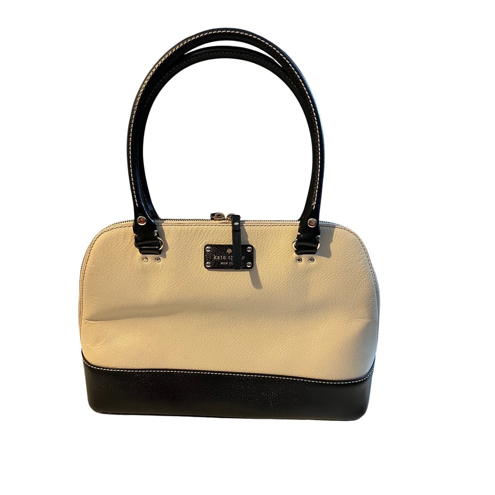 Kate Spade New York Colorblock Leather Satchel Shoulder Bag Cream Black Silver